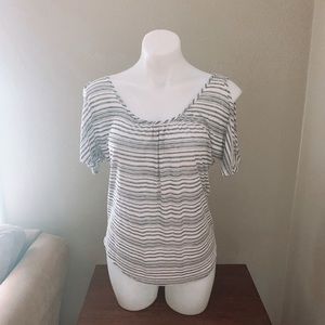 gray and white open shoulder top